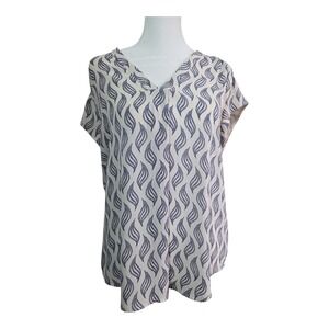 Monday Fun Womens V-Neck Blouse Navy Blue Leaf Print Cream Short Sleeve Medium